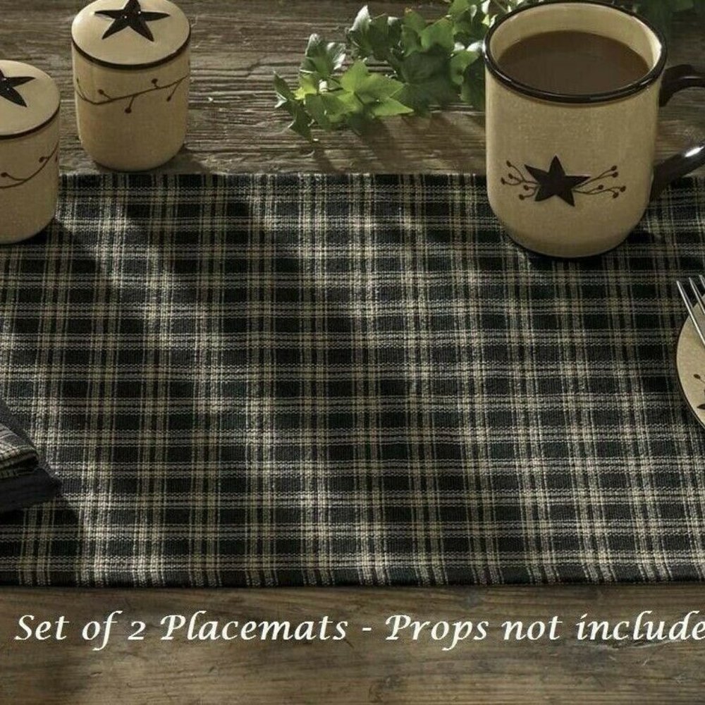 Rustic Farmhouse Primitive Sturbridge BLACK Tan Plaid Placemat 2pcs